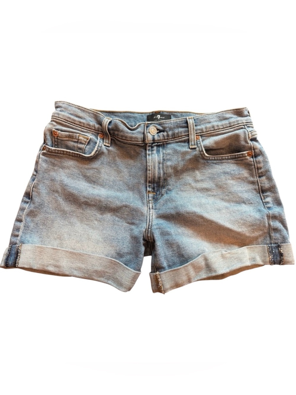 7 For All Mankind Mid Roll Short Light Wash Denim Rolled Cuff Stretch Size 28